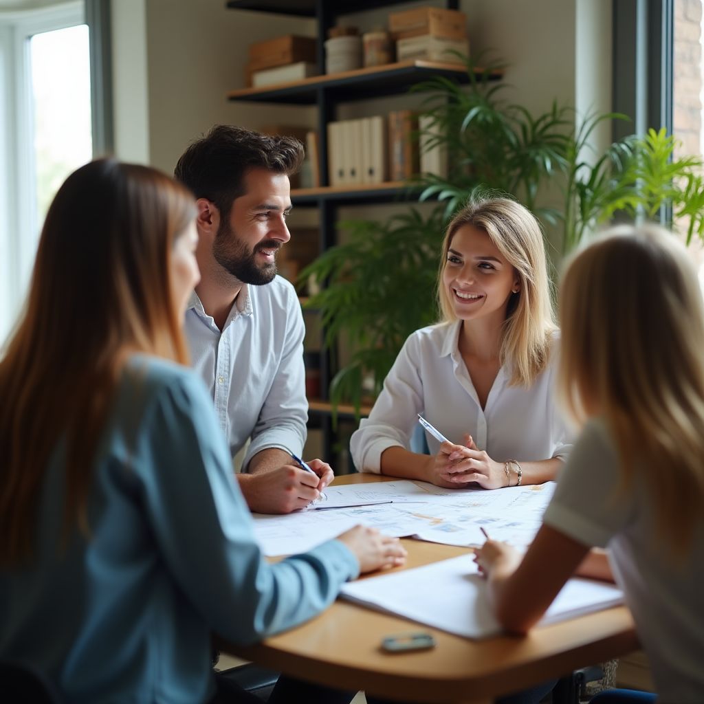 Consultor explicando planificación financiera a una familia